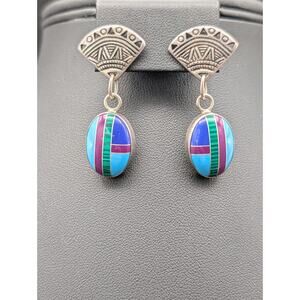 Vintage HARRY'S Sterling Silver Inlay Earrings Southwestern Lapis Malachite 10g